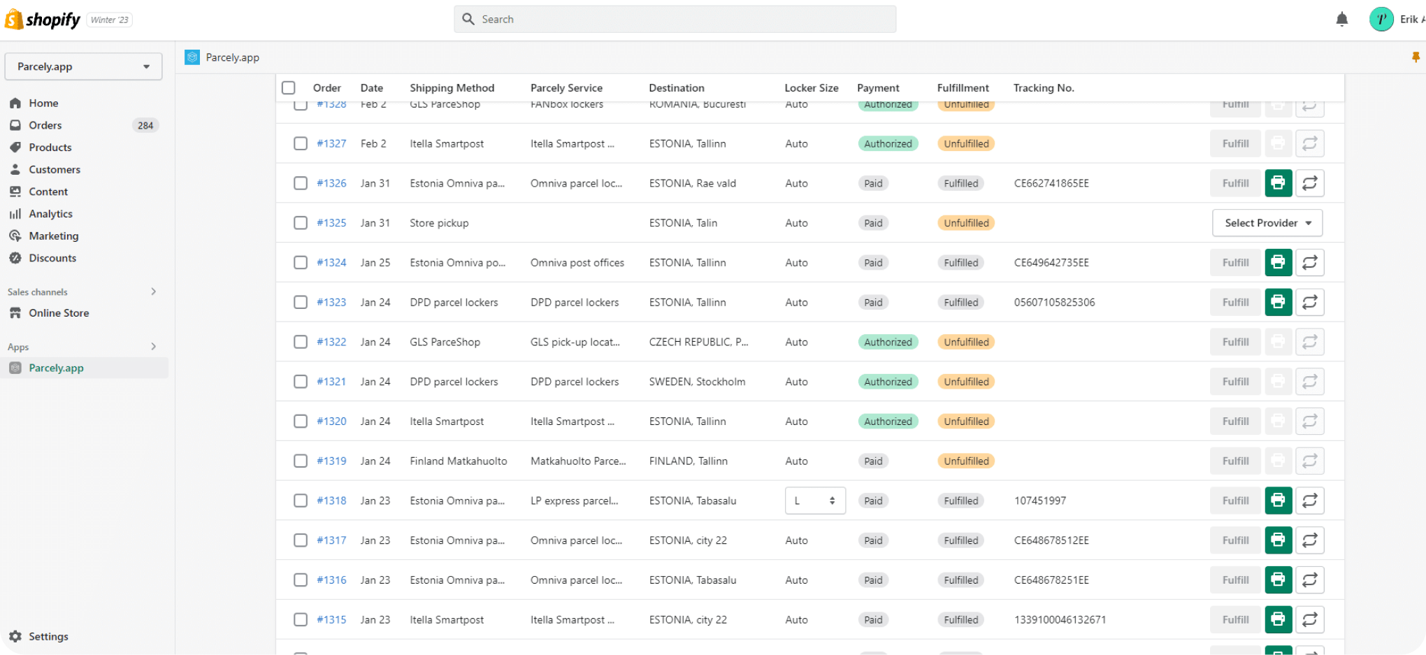 Parcely.app dashboard