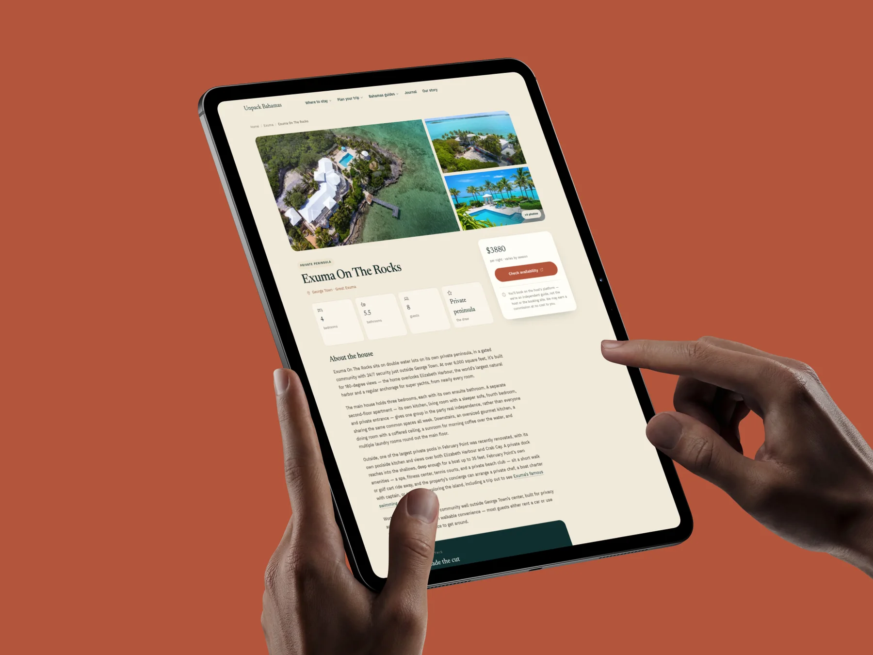 A stay listing on a tablet: the price reading 3880 dollars per night, varies by season, a Check availability button, the commission disclosure beside it, and a stats row of bedrooms, bathrooms, guests and private peninsula