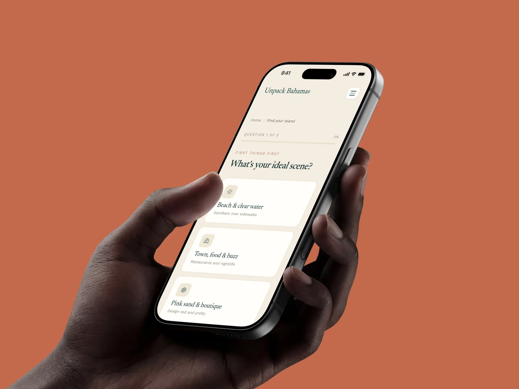 The onboarding quiz on a phone: Question 1 of 5, What's your ideal scene, with options for beach and clear water, town food and buzz, and pink sand and boutique