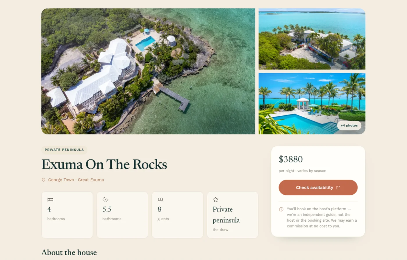 Individual stay listing page for Exuma On The Rocks