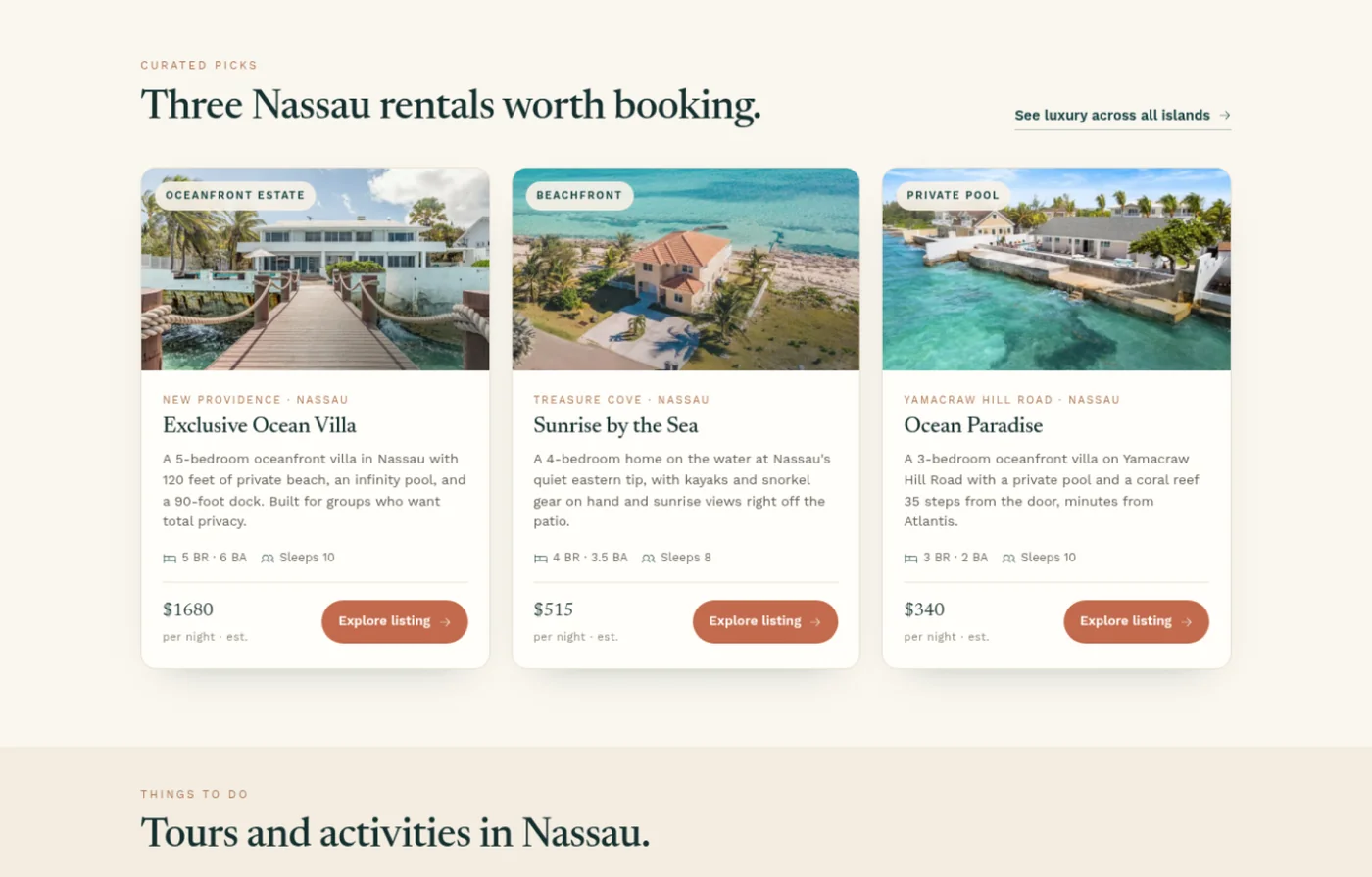 Curated Nassau rental picks and tours section