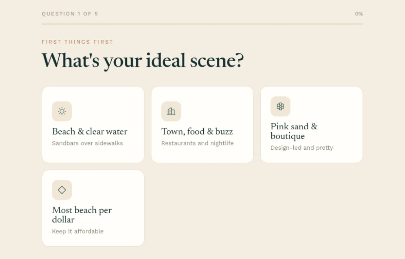 Five-question onboarding quiz asking a traveller's ideal scene