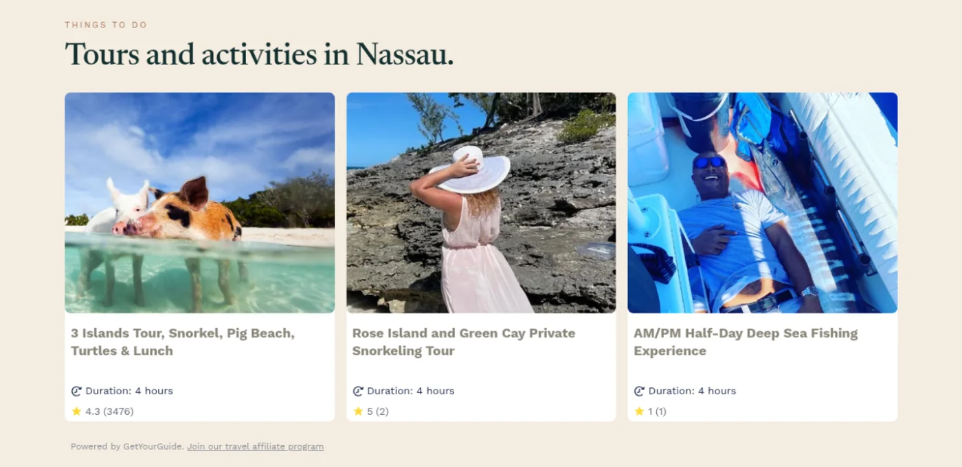 GetYourGuide tours and activities widget embedded on an Unpack Bahamas island page